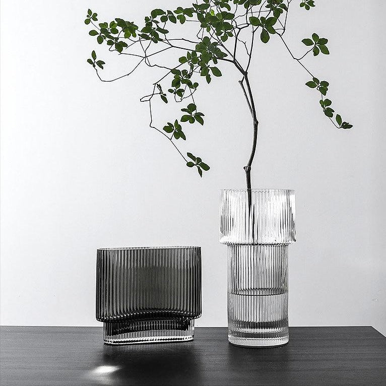 Fluted Tall Glass Vase with plant inside