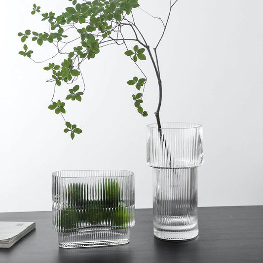 Fluted Tall Glass Vase with plant inside