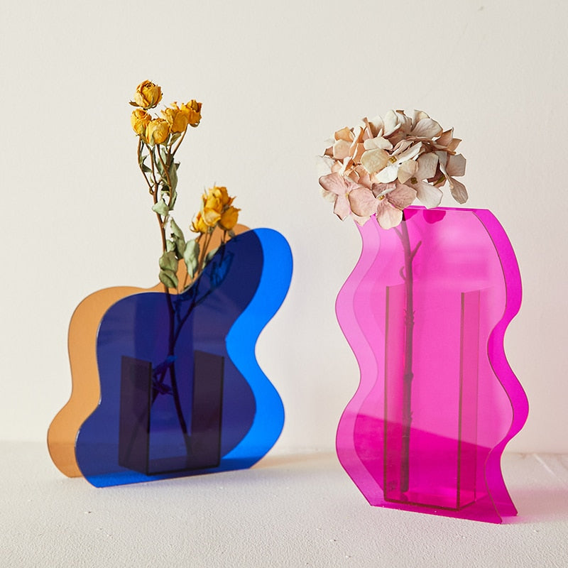 Blue and Pink Glass Acrylic Flower Vases with a flower